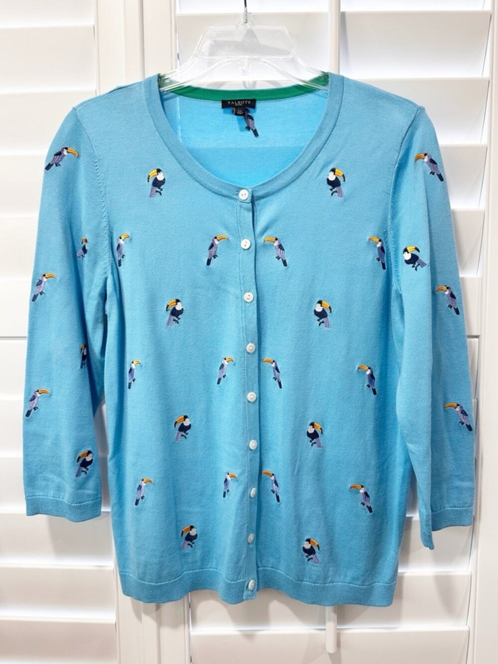 Talbots Petites Toucan Novelty Print Cardigan Sweater Blue LP Embroidered